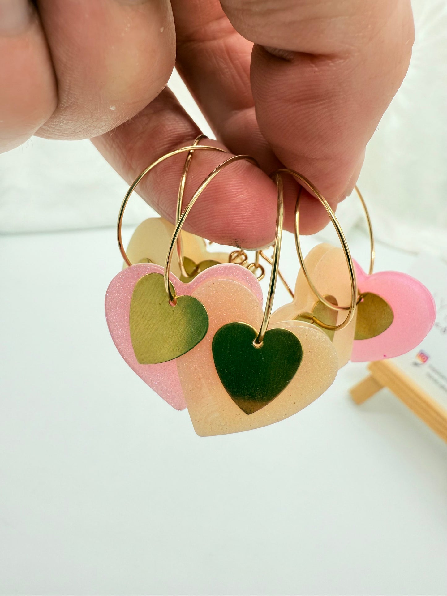 Resin Pastel Pearl Hearts with Brass Charms on 30mm Hoops
