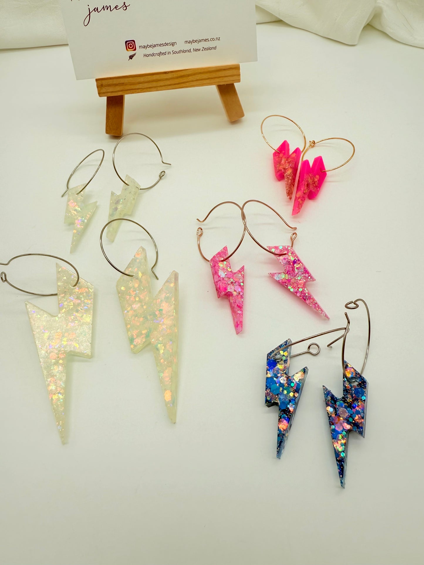 Vibrant Lightening Bolt Dangles in White Iridescent Glitter, Pale Pink - Various Sizes