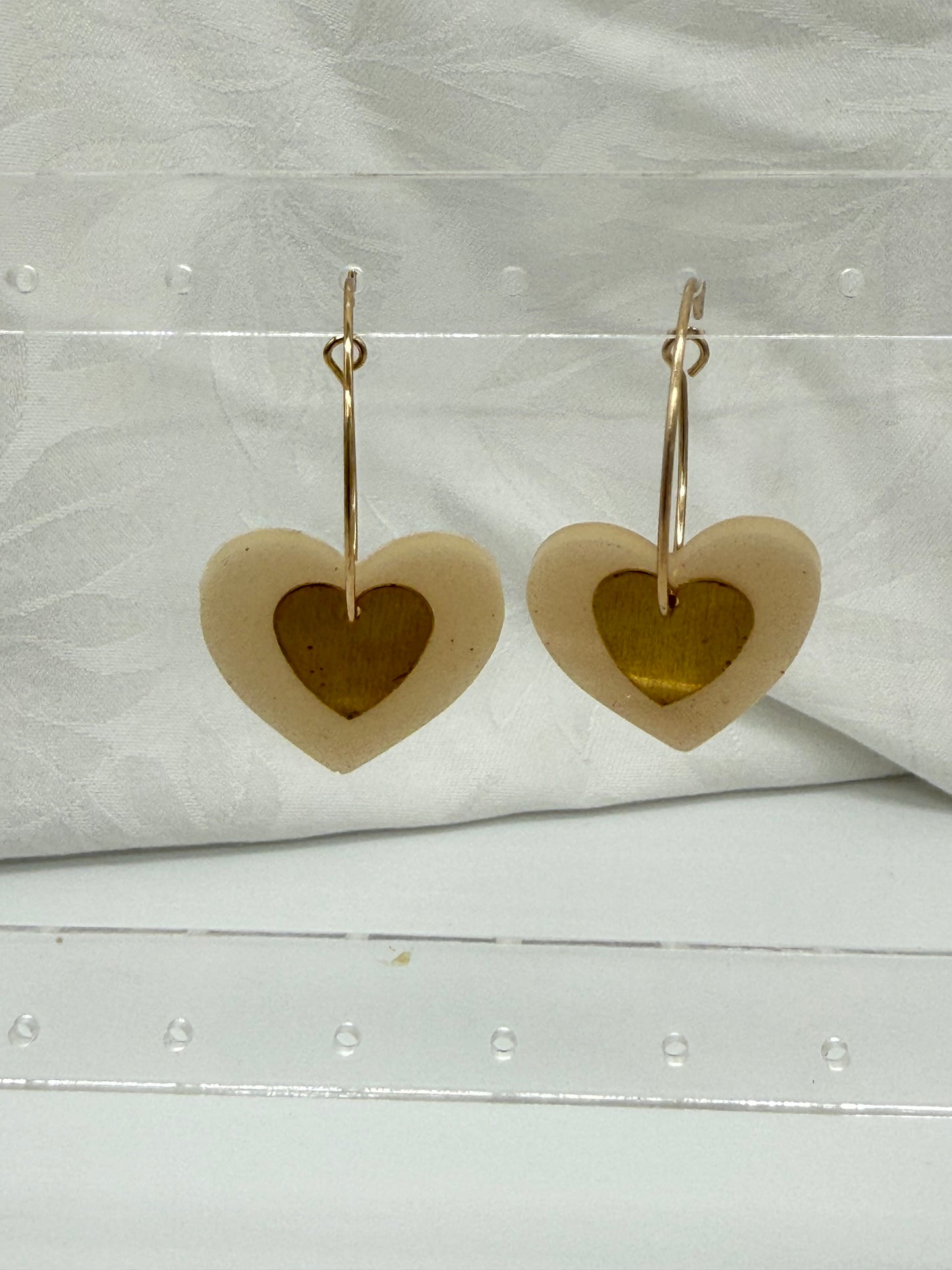 Resin Pastel Pearl Hearts with Brass Charms on 30mm Hoops