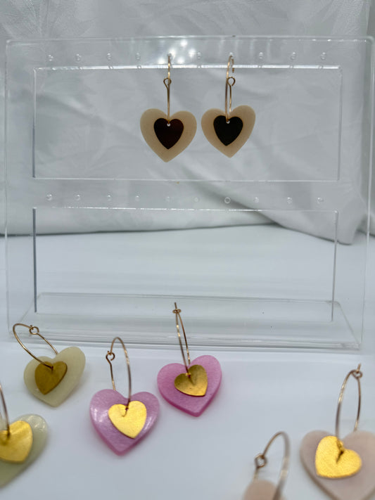 Resin Pastel Pearl Hearts with Brass Charms on 30mm Hoops