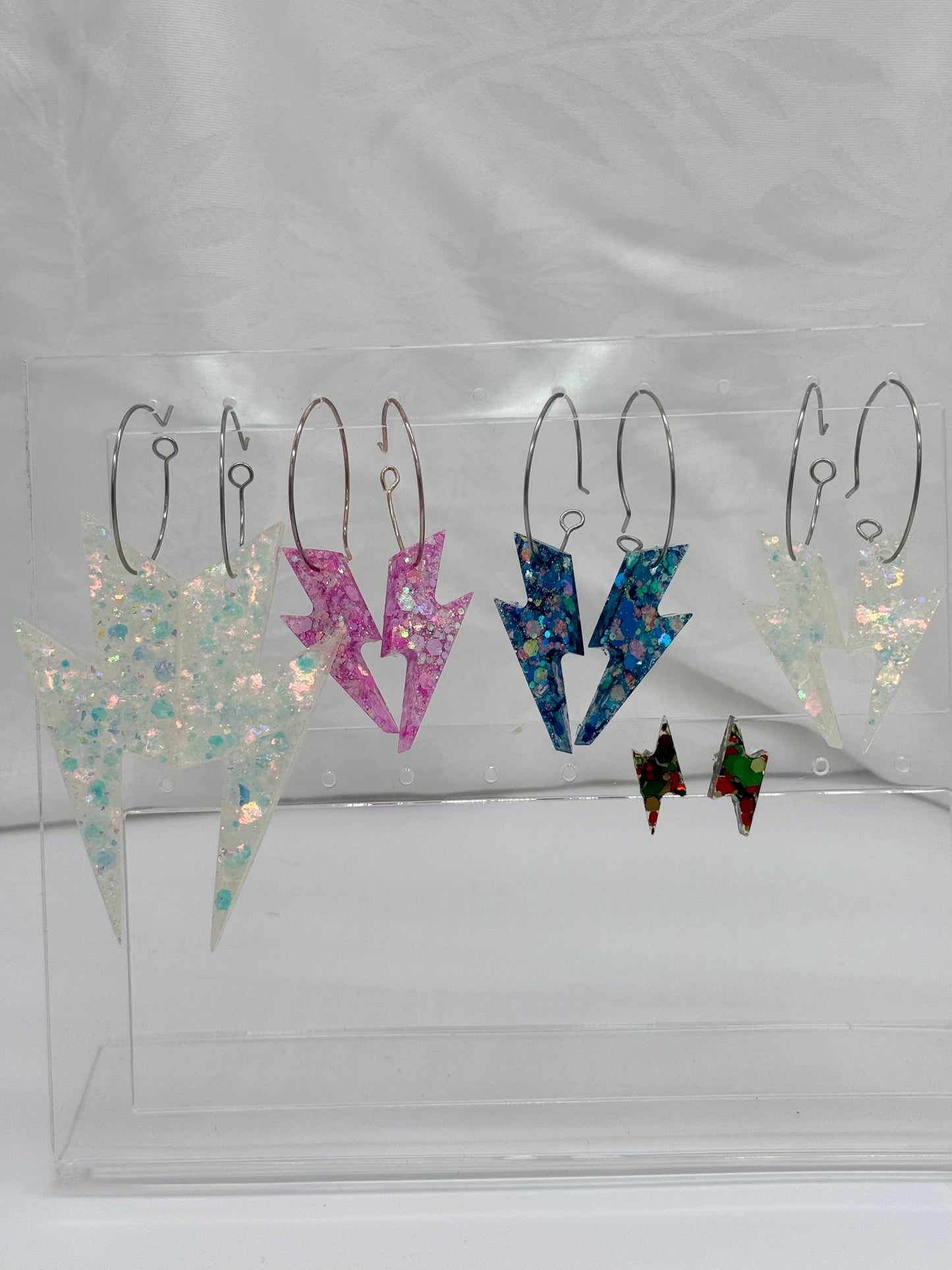 Vibrant Lightening Bolt Dangles in White Iridescent Glitter, Pale Pink - Various Sizes