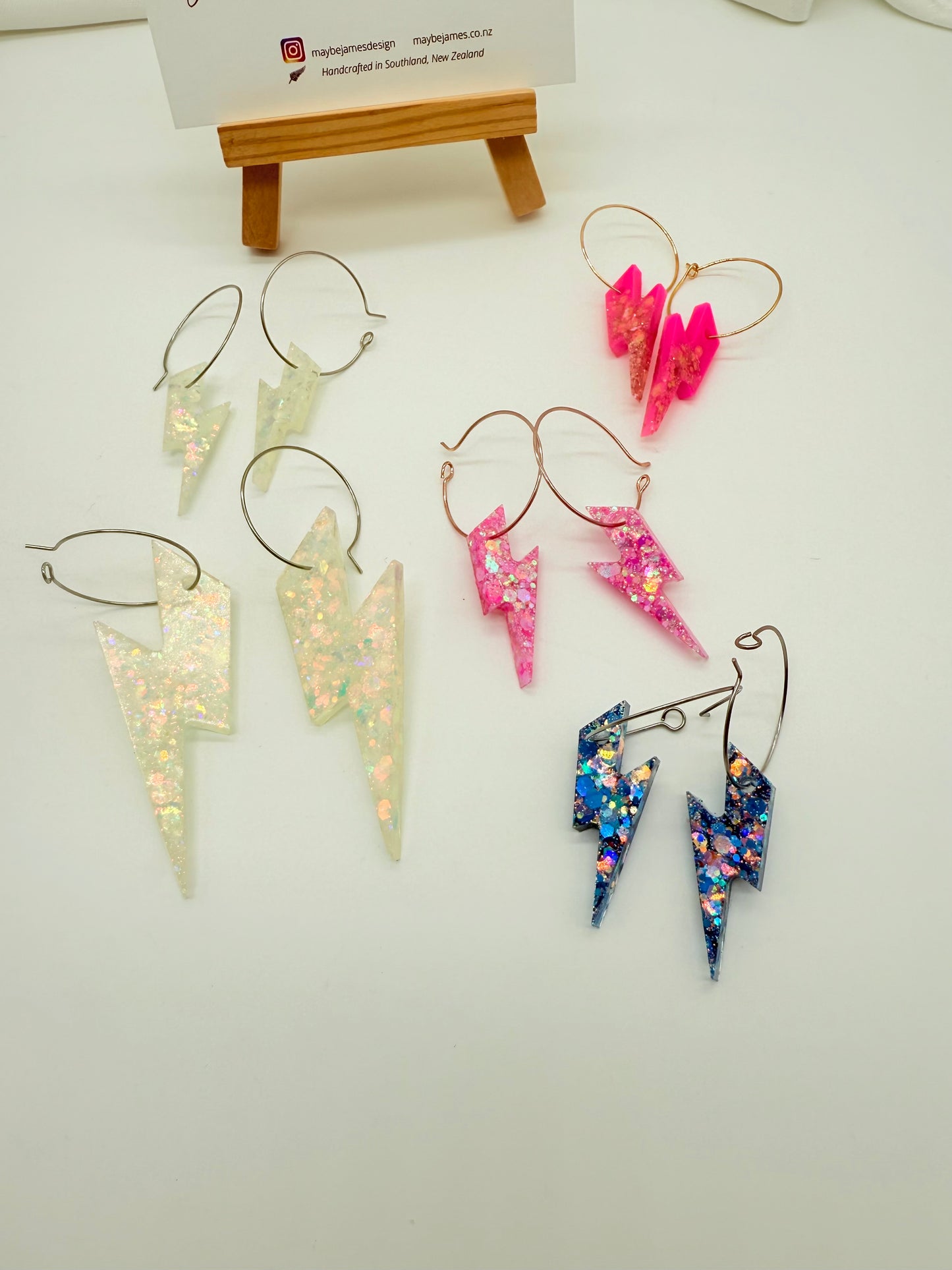 Vibrant Lightening Bolt Dangles in White Iridescent Glitter, Pale Pink - Various Sizes