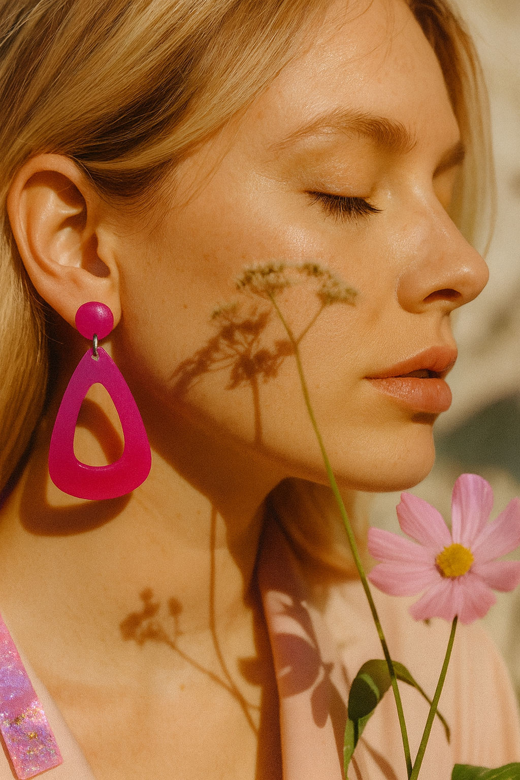 floral woman bright pink earrings