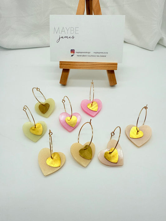 Resin Pastel Pearl Hearts with Brass Charms on 30mm Hoops