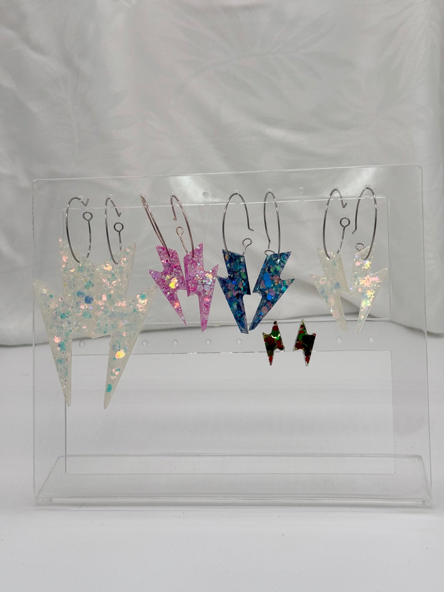 Vibrant Lightening Bolt Dangles in White Iridescent Glitter, Pale Pink - Various Sizes