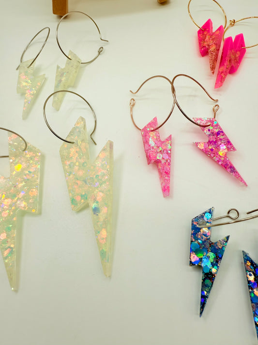 Vibrant Lightening Bolt Dangles in White Iridescent Glitter, Pale Pink - Various Sizes